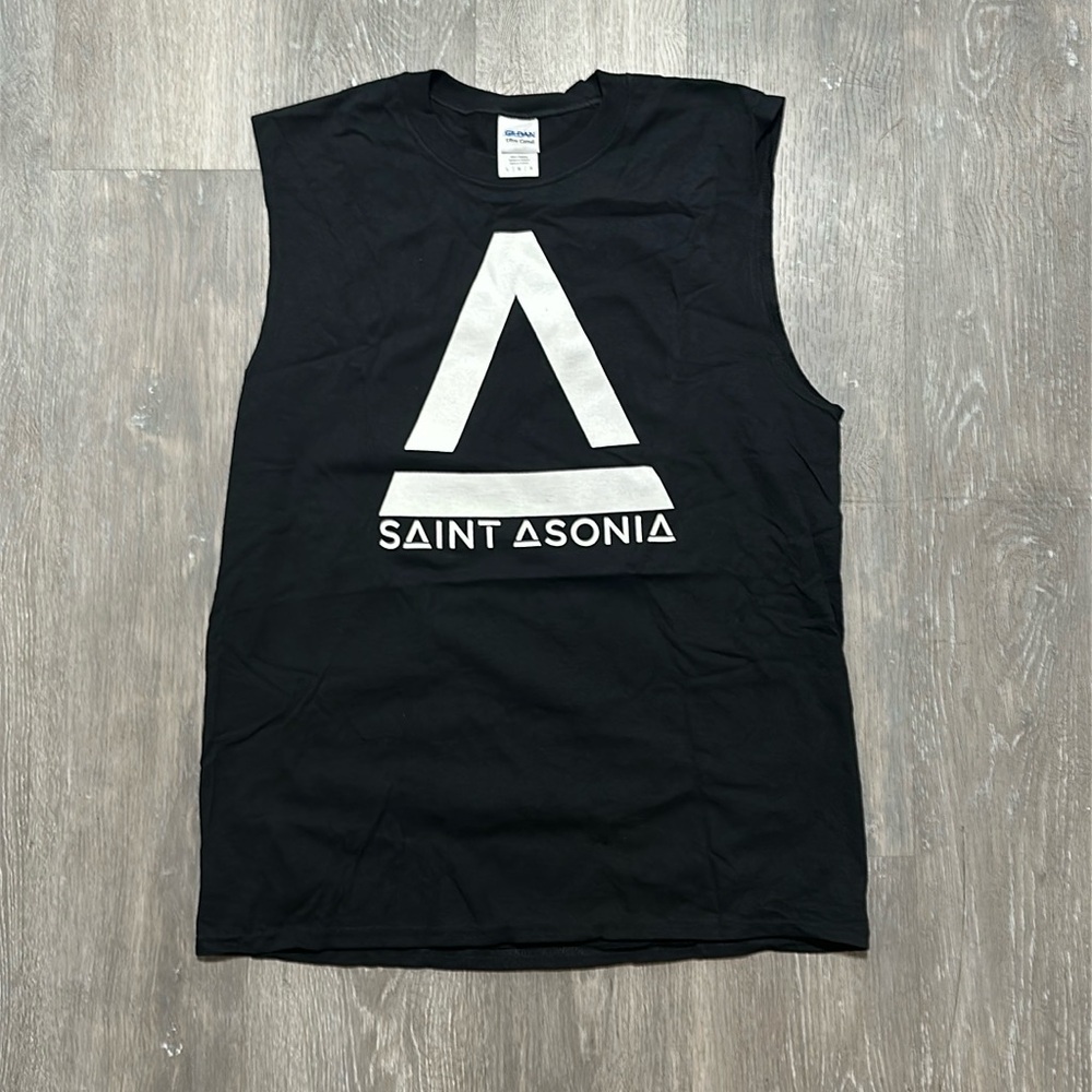 NWOT Men’s Black Gildan Saint Asonia Sleveless logo Tank Muscle Tee size M & L